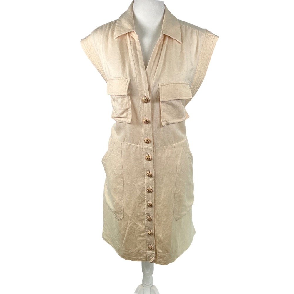 Heartloom Womens Beige Linen Blend Utility Button Mini Dress Gold Buttons Size L